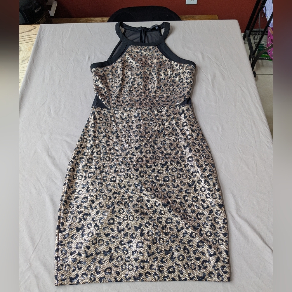 Gold & Black Leopard Sequin Halter Dress